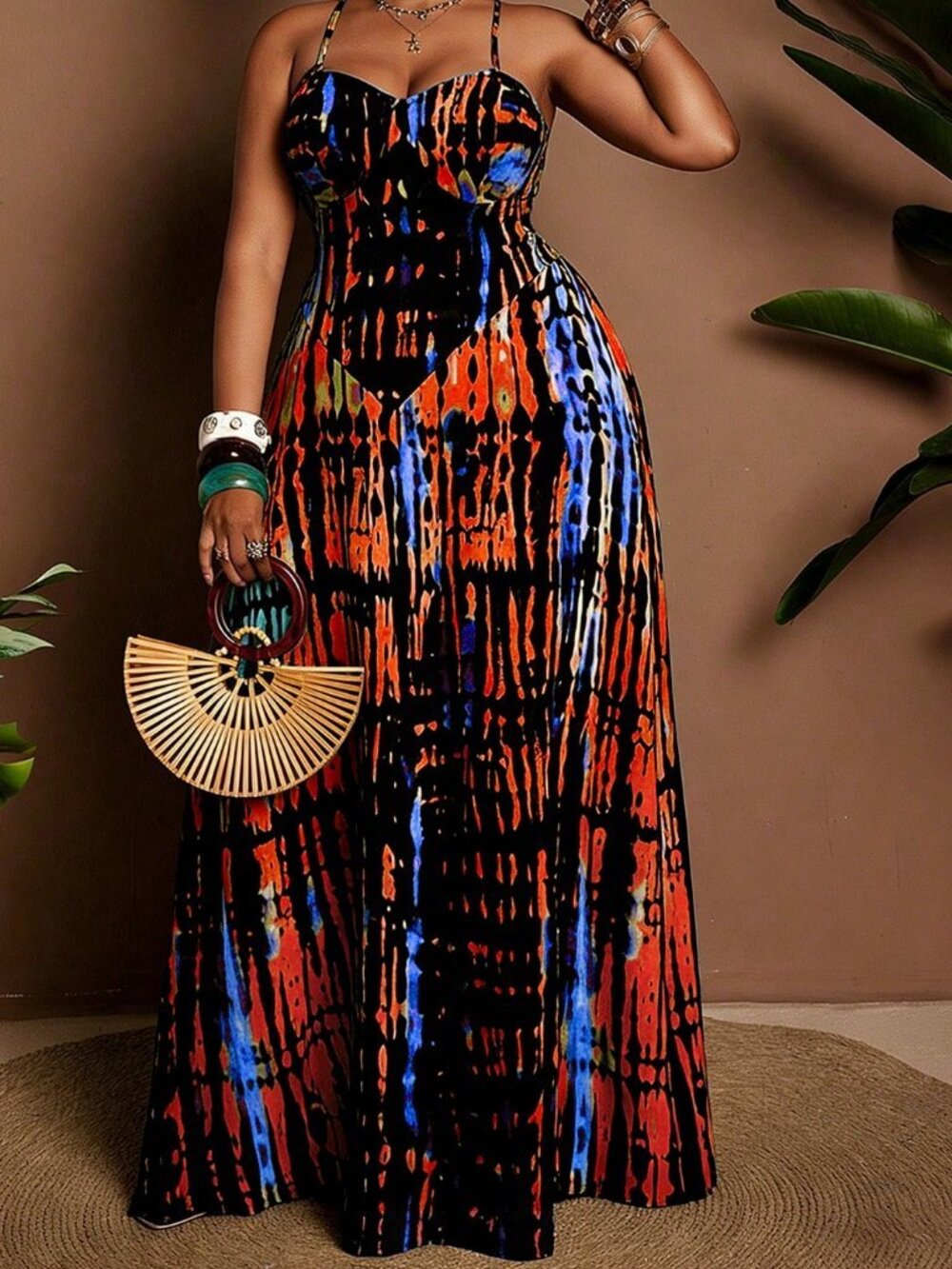 multicolor Boho Women's Plus Size tie dye Printed Sexy spagetti strap maxi Dress - Picture 6 of 7